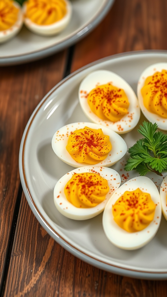 Crispy deviled eggs with creamy filling and paprika garnish on a rustic wooden plate.